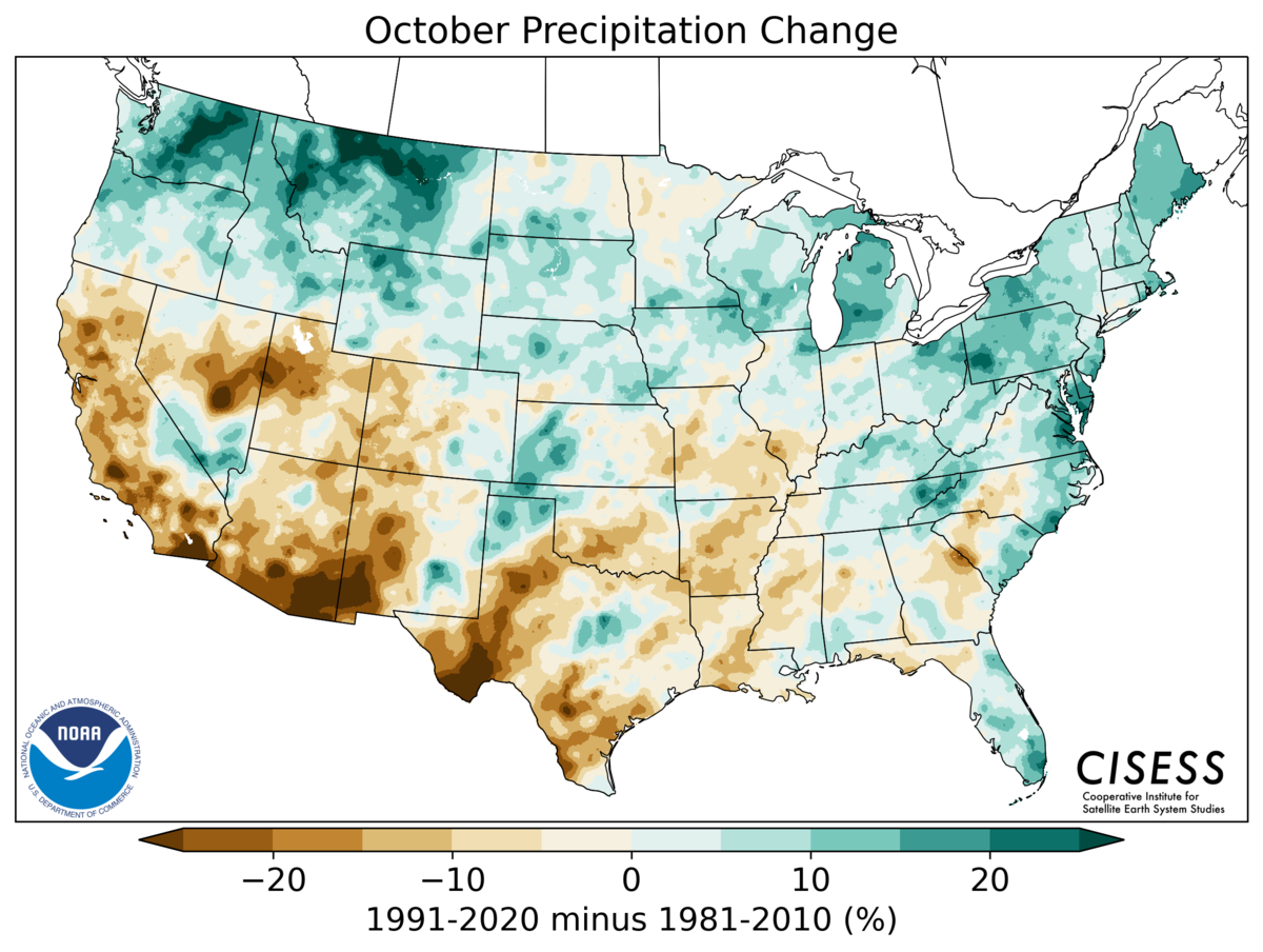 A map of the contiguous United States showing the pattern of October precipitation change for 1991–2020 Normals minus the 1981–2010 Normals. Colors range from brown for drier normals (-20%) through tan and light green near zero difference to green for wetter normals (+20%). The northern third of the U.S. has wetter normals now than previously, especially in the Northwest (WA, OR, ID, MT, WY). The southwest and south-central U.S. are generally drier in the new normals, with less distinct patterns in the rest of the eastern U.S.