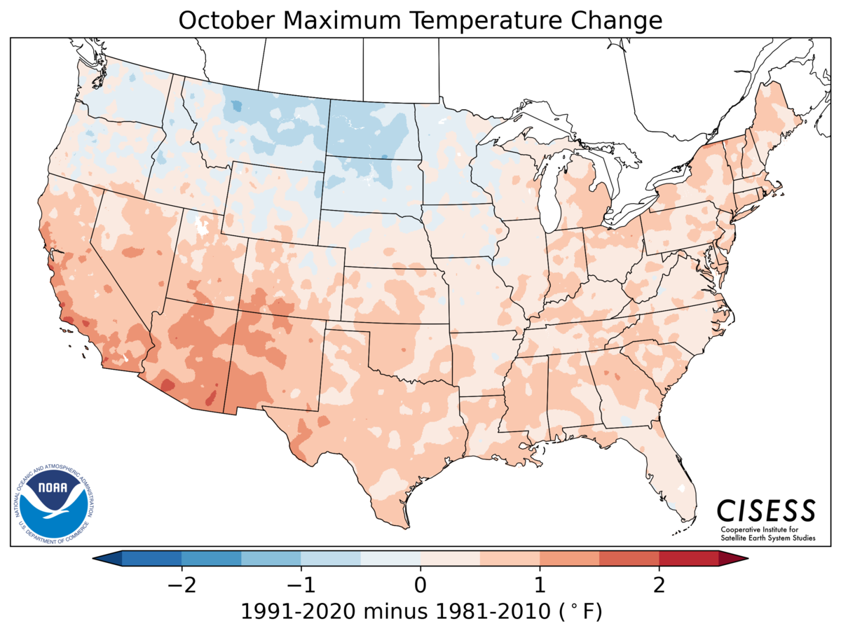 A map of the contiguous United States showing the pattern of October average temperature change for 1991–2020 Normals minus the 1981–2010 Normals. Colors range from light blue for cooler normals (-1.0 Deg F) through lighter blue and pink near zero difference to red for warmer normals (+2.0 Deg F). The persistent cooler normals in the northern U.S. are shifted to the west over more of Montana and the Dakotas. The southern two-thirds of the U.S. and Great Lakes to Northeast are all warmer in the new set of normals, especially in the Southwest (southern CA, AZ, NM).